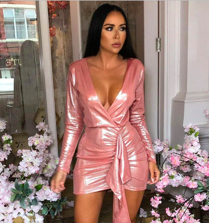 Pink Metallic Glitter Bodycon Side Detail Mini Dress - Meela