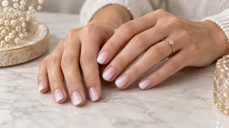 Krótki manicure baby boomer z delikatnym gradientem