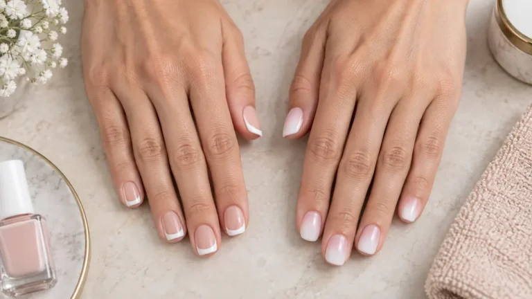 Porównanie manicure french i baby boomer na krótkich paznokciach