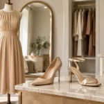 Beżowa sukienka zestawiona z eleganckimi i codziennymi butami