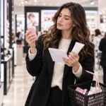 Koszyk z kosmetykami i lista świadomych zakupów w perfumerii