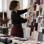 Kreatywna kobieta obserwująca modowe inspiracje i próbki tkanin