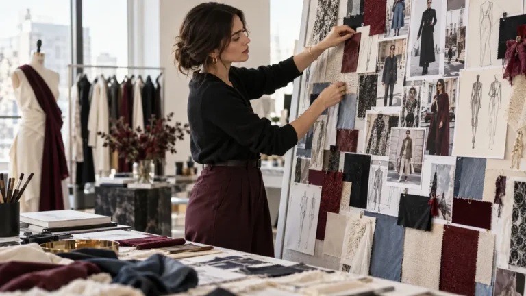 Kreatywna kobieta obserwująca modowe inspiracje i próbki tkanin