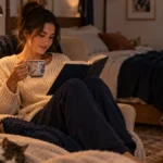 Wieczorna rutyna z książką i telefonem odłożonym na bok