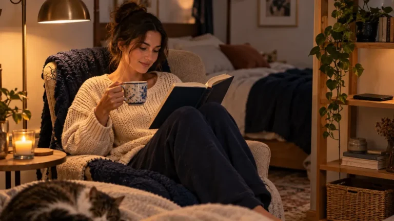Wieczorna rutyna z książką i telefonem odłożonym na bok