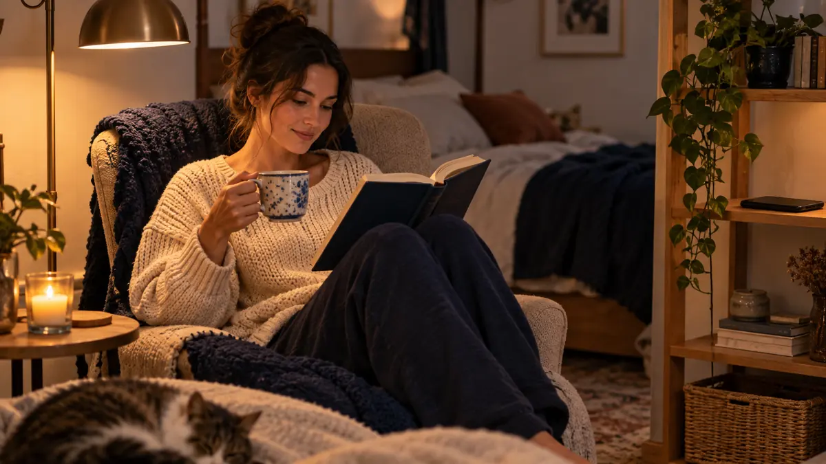Wieczorna rutyna z książką i telefonem odłożonym na bok