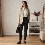 Stylizacja smart casual damska z beżową marynarką i czarnymi spodniami