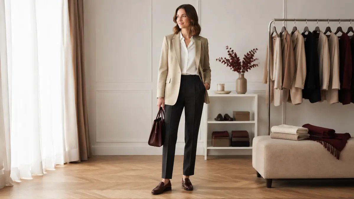 Stylizacja smart casual damska z beżową marynarką i czarnymi spodniami