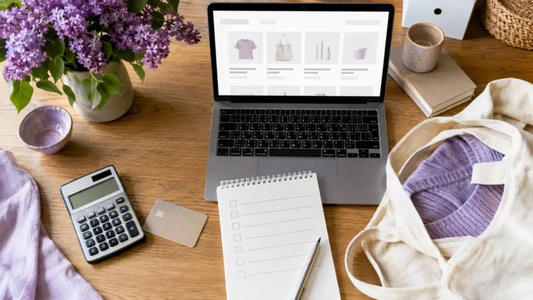Laptop, lista kontrolna i kalkulator do świadomych zakupów online