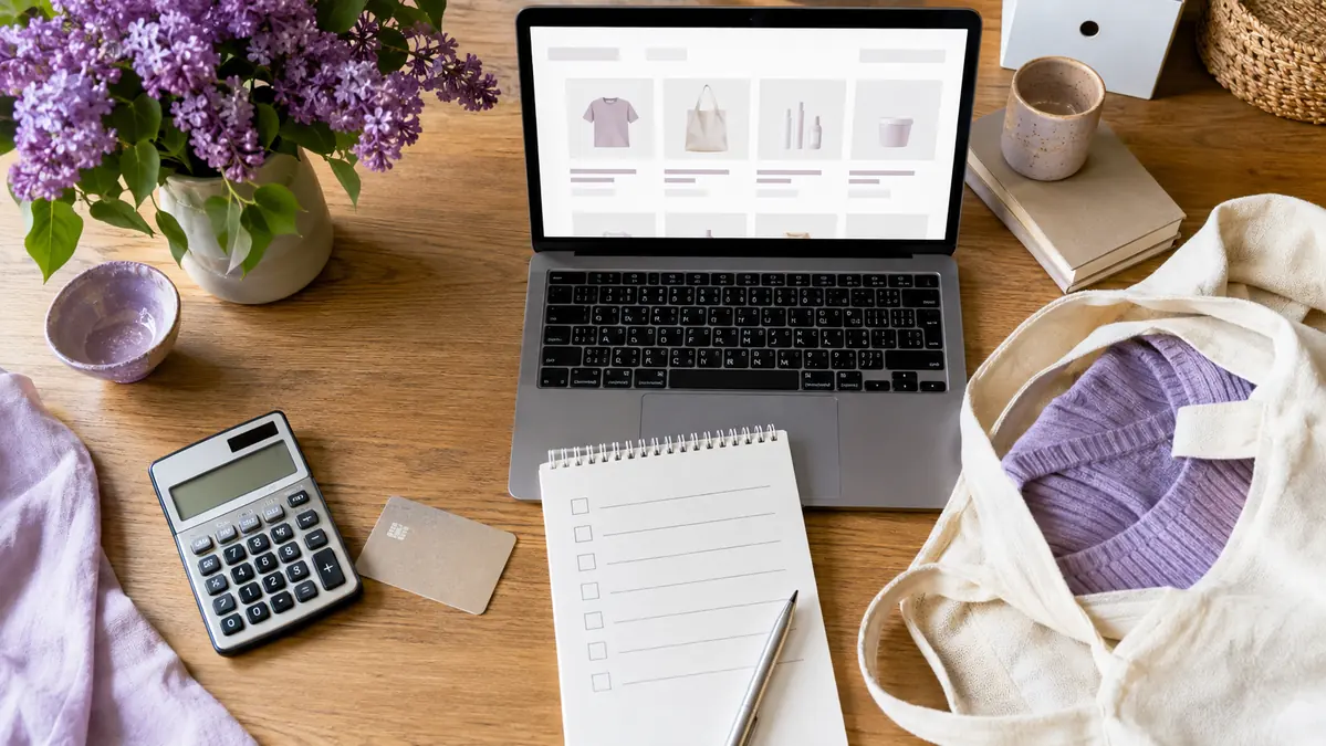 Laptop, lista kontrolna i kalkulator do świadomych zakupów online